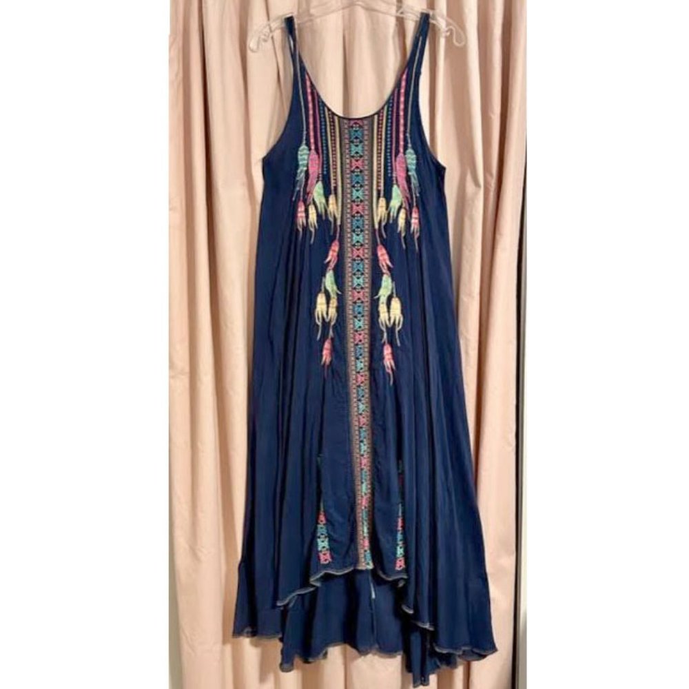 Johnny Was Blue Sleeveless Boho Embroidered Trapeze Dress with Under Slip
